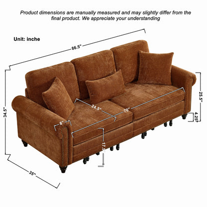 86" King Pull Out Sofa Bed, 3 in 1 Convertible Sleeper Sofa,Modern 3 Seat Couch with Nailhead Trim & Rolled Arm for Living Room, Apartment, Office, Caramel Chenille