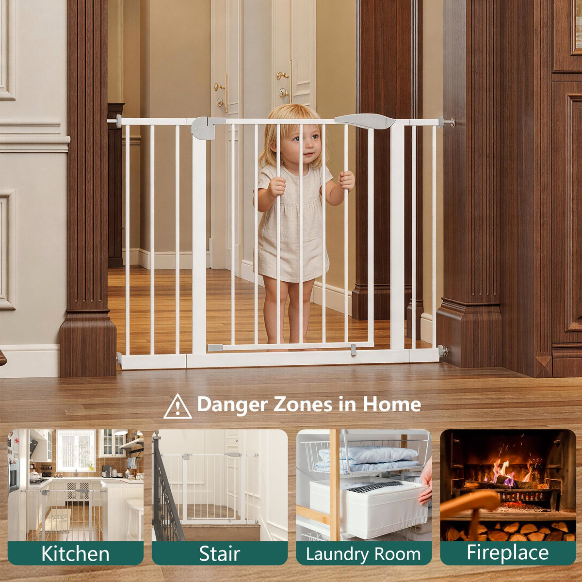 29.5-44.1" Wide Baby Gate for Stairs, Dog Gate Indoor for Doorways, No Drilling Pressure Mounted Pet Gates for Kids, Easy Walk Through Safety Gate, White