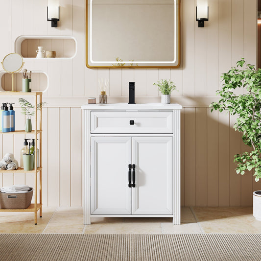 27.8" Modern Bathroom Vanity Set with Reinforced Legs & Painted Surface, Mid-Century Freestanding Bathroom Vanity Sink with Storage, High-end Restroom Vanity Cabinet with Flip-top Drawer&Metal Handles