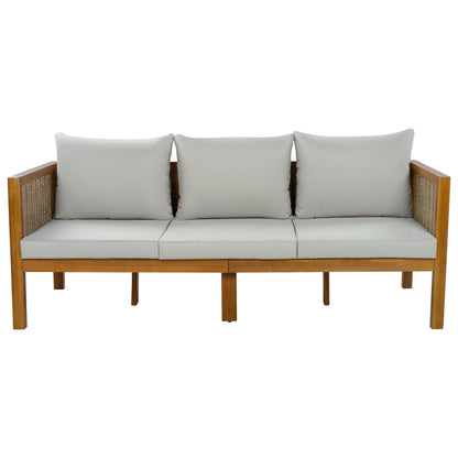 3-Seater Patio Set Outdoor Sofa & Coffee Table Set 2 Piece Outdoor Conversation Patio Furniture Set with Cushions and a Coffee Table for Garden, Backyard, Balcony, Poolside,Grey Cushion +Natural Wood