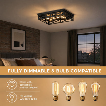 6-Light Matte Black Farmhouse Square Flush Mount Ceiling Light, Vintage Hollow Geometric Iron Cage Ceiling Lamp, Industrial Close to Ceiling Lighting for Dining Room, Bedroom-1 Pack(No light bulb)