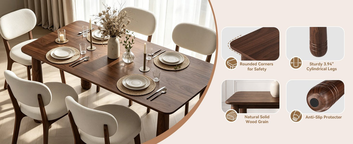 63" Solid Wood Dining Table Set with 4 Upholstered Chairs, Farmhouse Dinner Table Set of 5 Piece with Walnut Finish & Beige Chenille Seats, Heavy-Duty Support up to 1000 lbs, Easy Assembly
