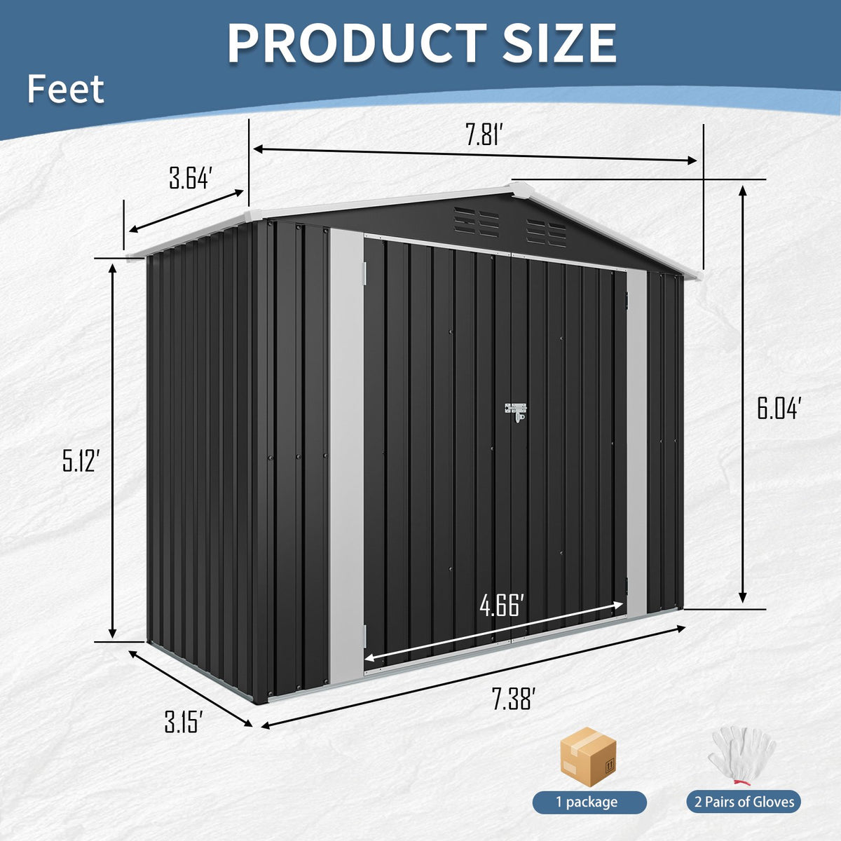 8ft x 4ft Outdoor Metal Storage Shed with Lockable Latch, Black(7.81*3.64 FT)