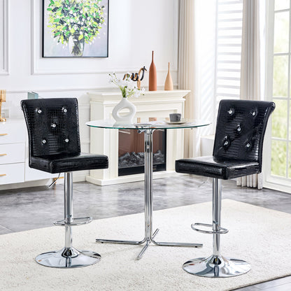A set of 2 black vintage crocodile leather lift bar chairs, featuring crystal clasp design and synthetic leather design, adding a touch of elegance and mystery to the dining area