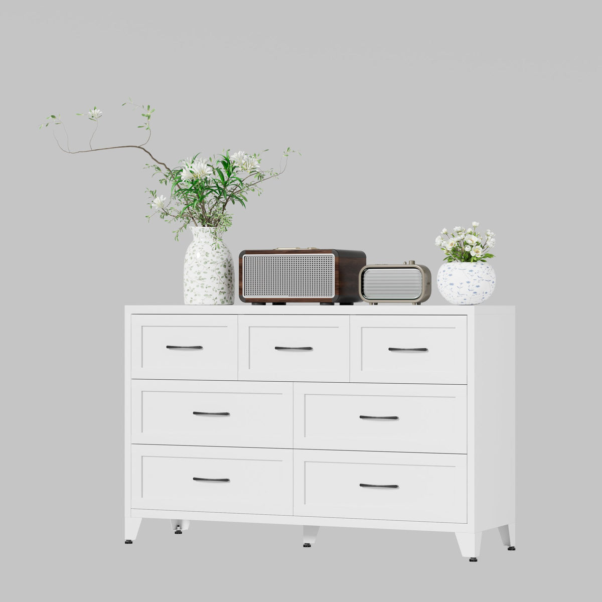 7-Drawer Dresser, Wide Low-Profile Storage Cabinet, White Metal Chest of Drawers