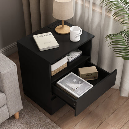 (Set of 2)End Table with Fast USB C Charging Station, Sofa Side Table with 2 Drawers, Large Storage Modern Wood Storage Cabinet, Black