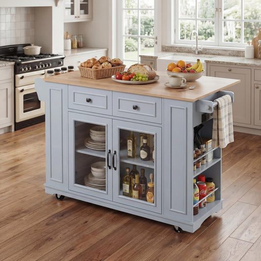 54" Mobile Kitchen Island with Glass Door Storage, Power Outlet & Open Shelves, Rolling Kitchen Cart with Towel Rack, Spice Rack & Knife Holder, Functional Kitchen Prep Table for Kitchen, Dining