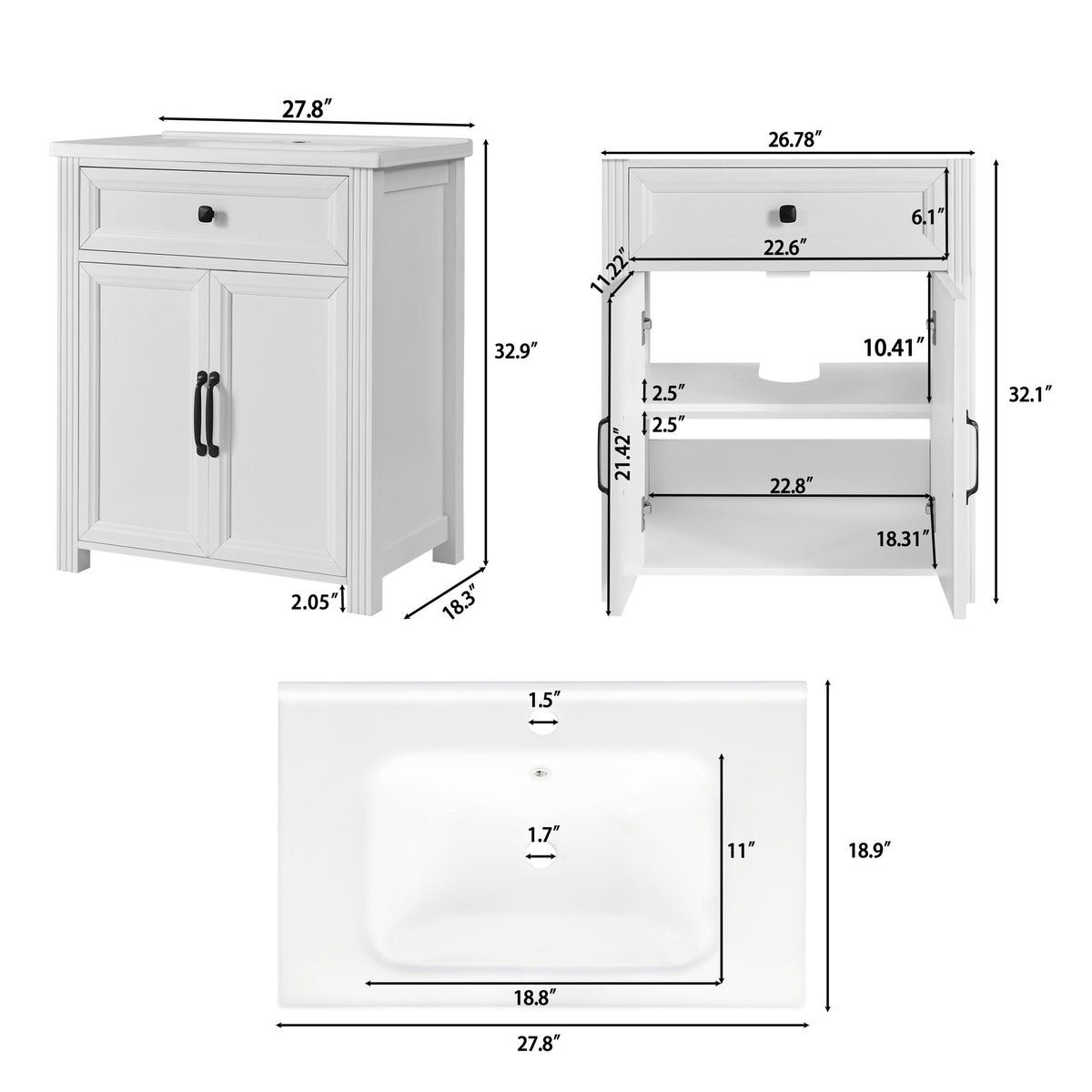 27.8" Modern Bathroom Vanity Set with Reinforced Legs & Painted Surface, Mid-Century Freestanding Bathroom Vanity Sink with Storage, High-end Restroom Vanity Cabinet with Flip-top Drawer&Metal Handles