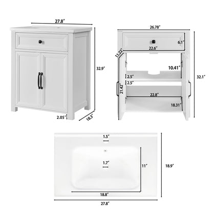 27.8" Modern Bathroom Vanity Set with Reinforced Legs & Painted Surface, Mid-Century Freestanding Bathroom Vanity Sink with Storage, High-end Restroom Vanity Cabinet with Flip-top Drawer&Metal Handles