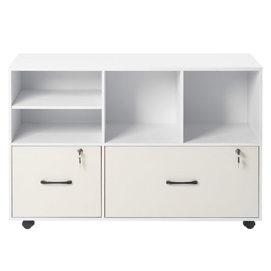 2 Drawer Wooden File Cabinet, Mobile Filing Cabinet with Open Shelves, Lockable Lateral Rolling File Storage with Adjustable Shelves