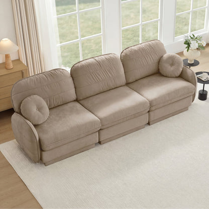 105'Chenille Cloud 3-Seater Sofa,Exquisite round pillows and quilted back cushions,Recessed Base Frame Legs,Ergonomic Design Bottom,Easy Assembly,Deep Seat Sofa Couch For Living Room,Light coffee