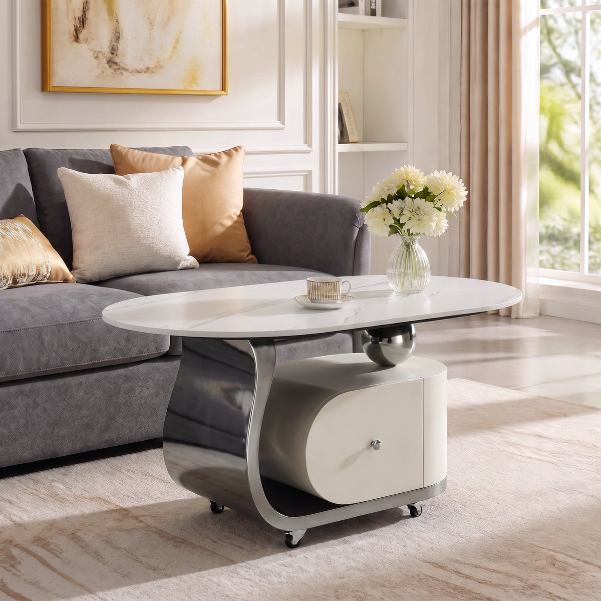 39.4" Sintered Stone End table with Drawer, Stainless Steel Base & 4 Lockable Casters, Modern Mobile Oval Coffee Table for Living Room, Easy Assembly (Gray)