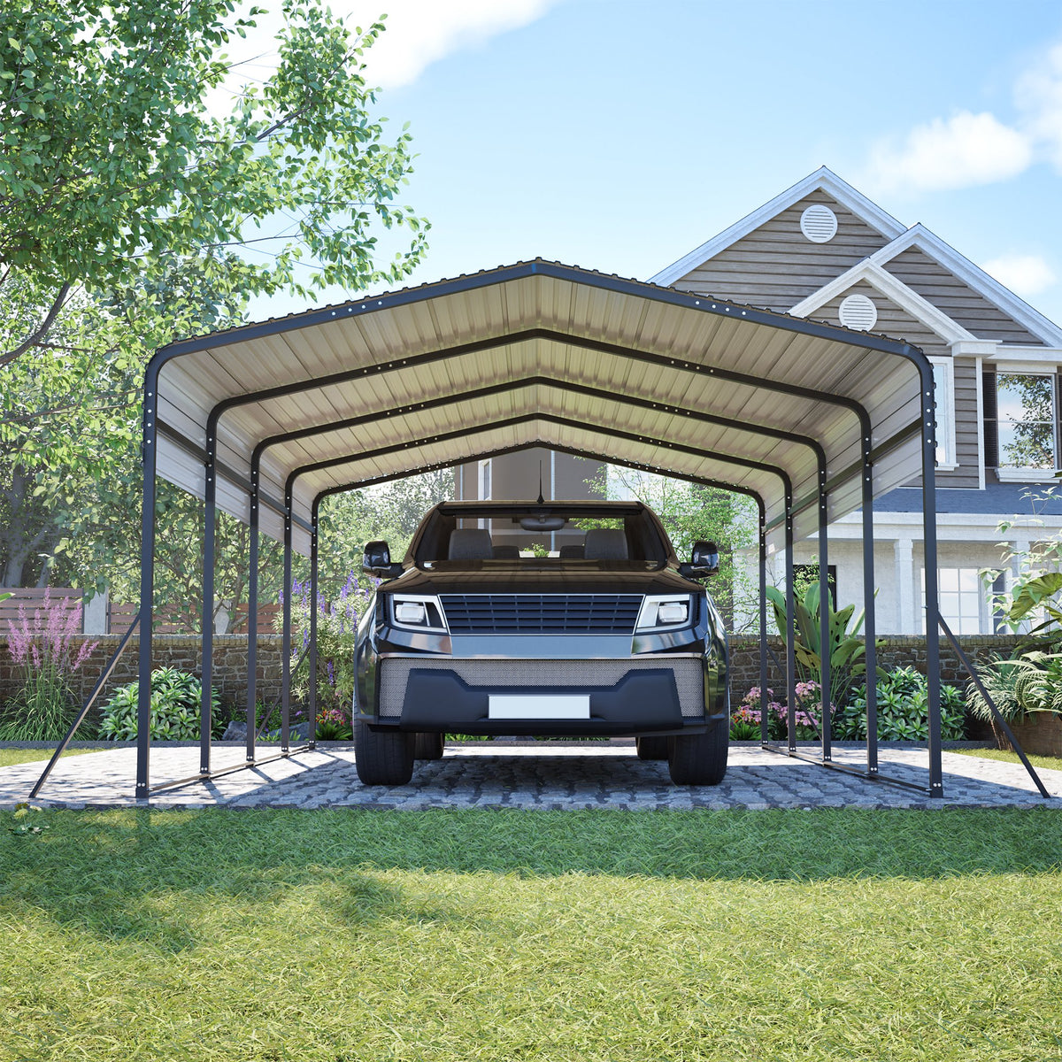 13x20 FT Metal Carport, Garage with Upgraded Triangle Reinforced Frame&4 Poles, Galvanized Steel Hardtop Roof