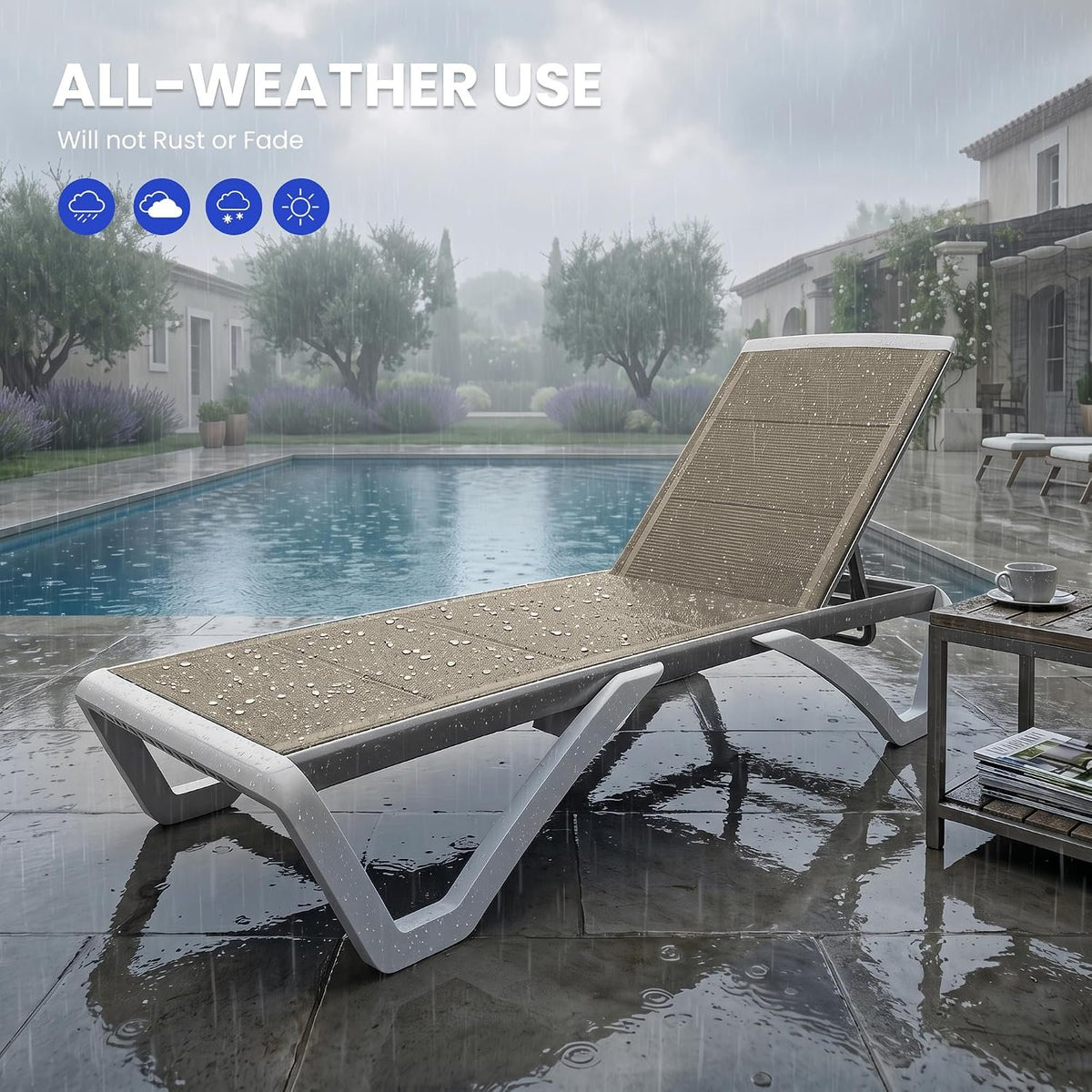 3D Pool Patio Lounger Chair Outdoor Chaise Lounge Chair, Brown, Aluminum Frame, All Weather Pool Lounge Chair for Deck Lawn Backyard