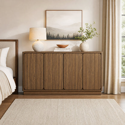 59.1 Inch Walnut 4-Door Sideboard Buffet Cabinet, Particle Board Storage Credenza with Adjustable Shelves, Wide Console Storage Cupboard for Dining Room, Kitchen, Living Room & Entryway