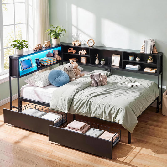 Bed Frame with Storage Bookcase, Twin Daybed with LED Lights & 2 Drawers, Metal Platform Bed with Headboard and Charging Station