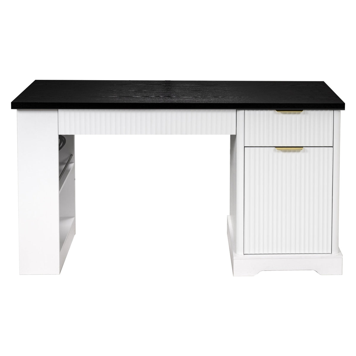 55" Modern Fluted Office Desk with Storage Cabinet & Drawers, Computer Writing Desk with Power Outlet, Pegboard
