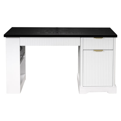 55" Modern Fluted Office Desk with Storage Cabinet & Drawers, Computer Writing Desk with Power Outlet, Pegboard