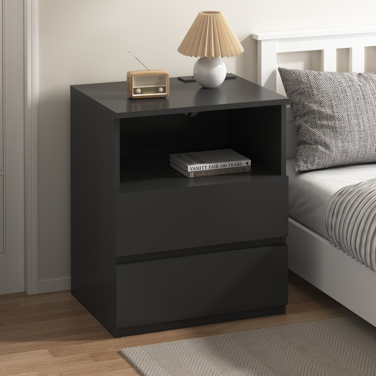 (Set of 2)End Table with Fast USB C Charging Station, Sofa Side Table with 2 Drawers, Large Storage Modern Wood Storage Cabinet, Black