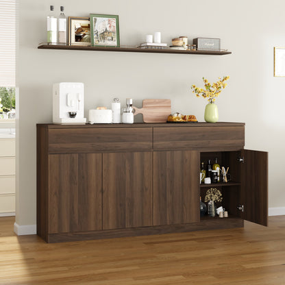 63.1" Sideboard Buffet Cabinet with Storage,Large Kitchen Storage Cabinet with 2 Drawers and 4 Doors, Wood Coffee Bar Buffet Table for Kitchen Dining Room, Walnut