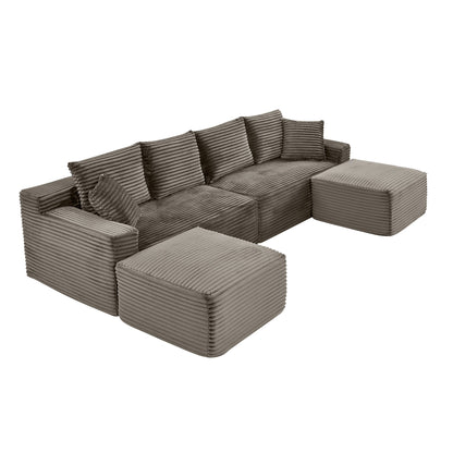 115" Comfy U-Shaped Sectional Modern Boneless Corduroy Couch with Chaise ‌and Ottoman‌ - No Assembly Required! Deep-Seat, Upholstered Modular Cloud Sofa for Living Room, Plush Corduroy Fabric(Brown)