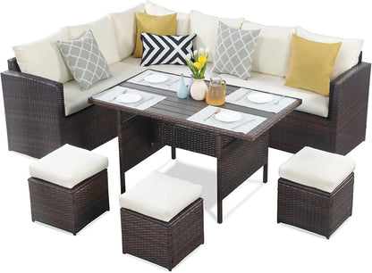 7 Piece Outdoor Wicker Patio Furniture Set, Rattan Sofa and Chairs with Coffee Table and Ottomans, Iron Frame, Brown Rattan, Beige Cushions, All-Weather