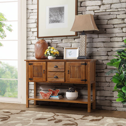 46'' Solid Wood Sideboard Console Table with 2 Drawers and Cabinets and Bottom Shelf, Retro Style Storage Dining Buffet Server Cabinet - Brown