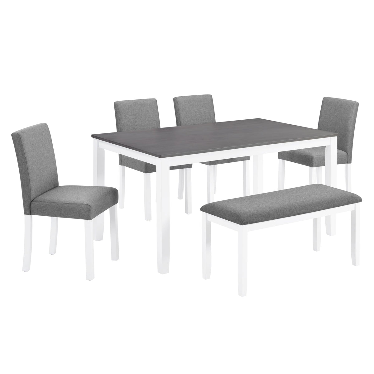 6-Piece Dining Table Set with Bench and Chairs, Dining Table Set for 6 with Bench, Wooden Dining Table Set, Grey & White Two Tone