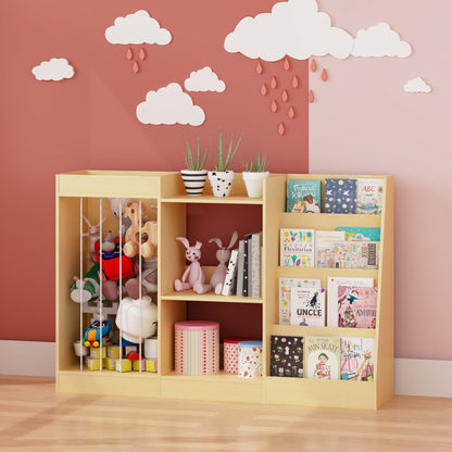 3-in-1 Kids Bookshelf and Toy Storage, 4-Tier Book Shelf for Kids Rooms, Sling Baby Bookcase with Stuffed Animal Storage, Toddler Montessori Bookshelf for Nursery, Playroom, Kindergarten, Natural