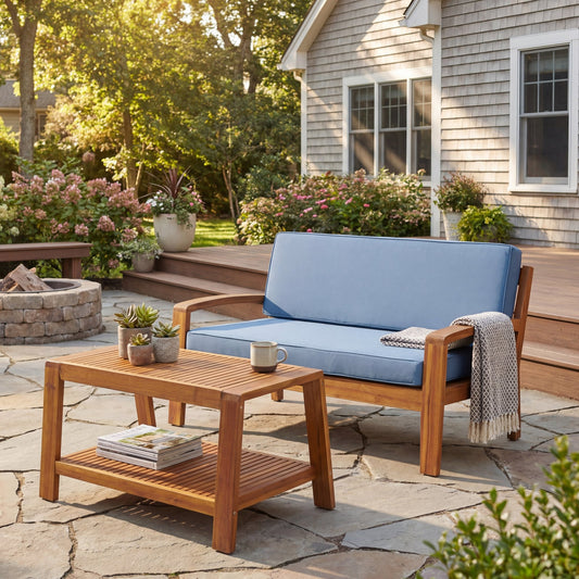 2-Piece Outdoor Teak Acacia Wood Conversation Set - Loveseat & Coffee Table with Blue Water-Resistant Cushions for Patio, Deck & Backyard