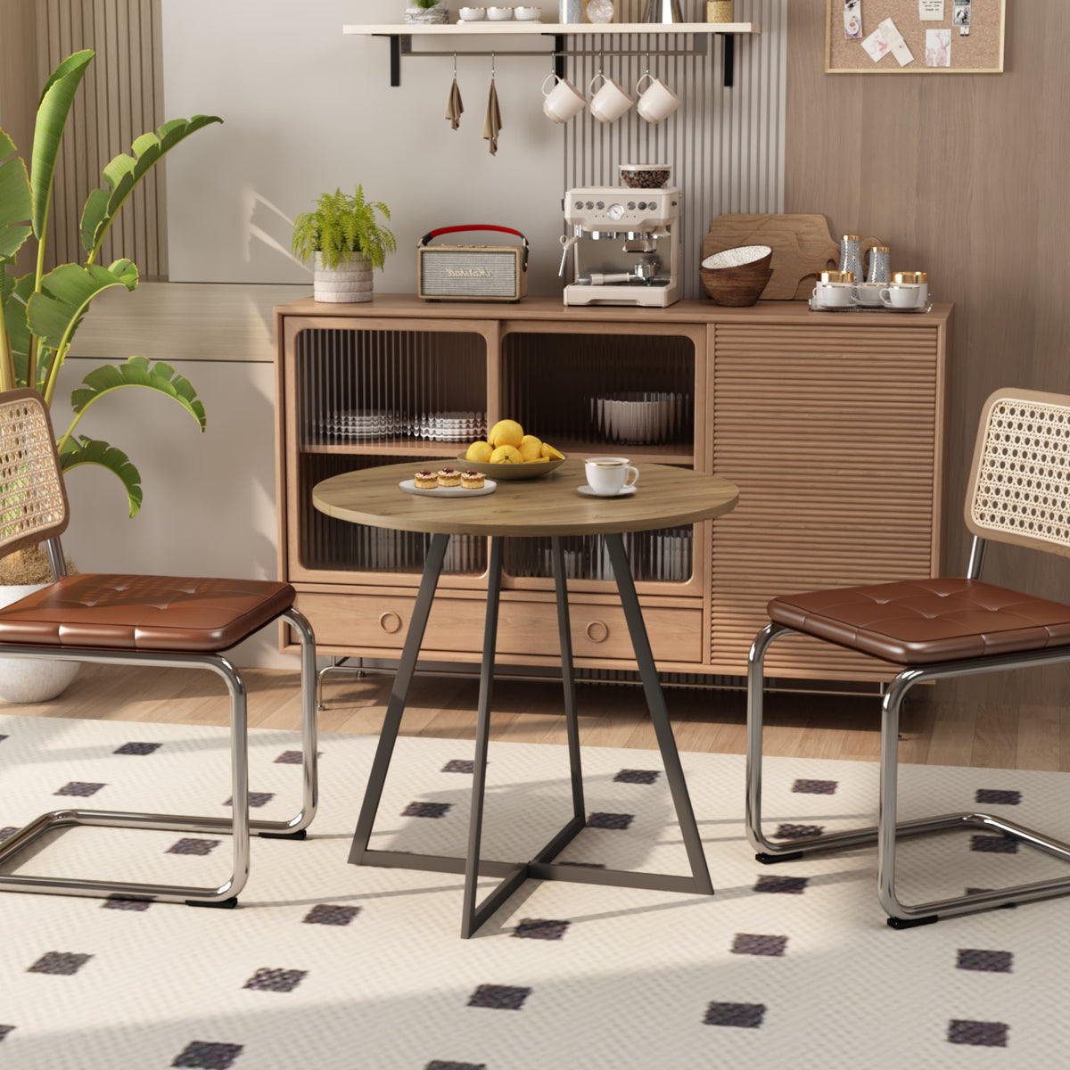 31.5 Inch Round Dining Table, Small Circle Kitchen Table with Metal Black Legs for 2-4 people, Modern Dining Room Table, Brown (only table) – Natural