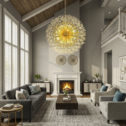 63-Inch Extra Large Dandelion Crystal Chandelier Gold Modern Light Fixture - Grand Firework Sputnik Chandelier for High Ceiling Living Room Foyer - Luxury Hanging Pendant 30 G9 LED Bulbs Included