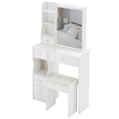 29.2" Small Space Left Drawer Desktop Vanity Table + Cushioned Stool, Extra Large Right sliding mirror, Multi Layer High Capacity Storage – Model W3258P299609