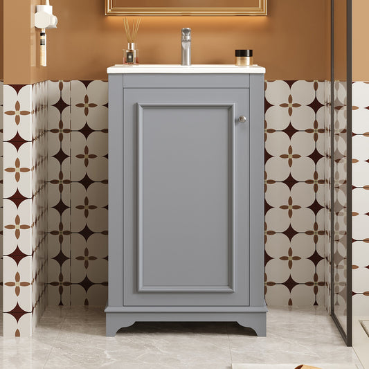 20-inch Bathroom Vanity with Ceramic Sink, Freestanding Single Vanity Set with Soft Closing Door, Adjustable Shelf, Modern Style, Gray.