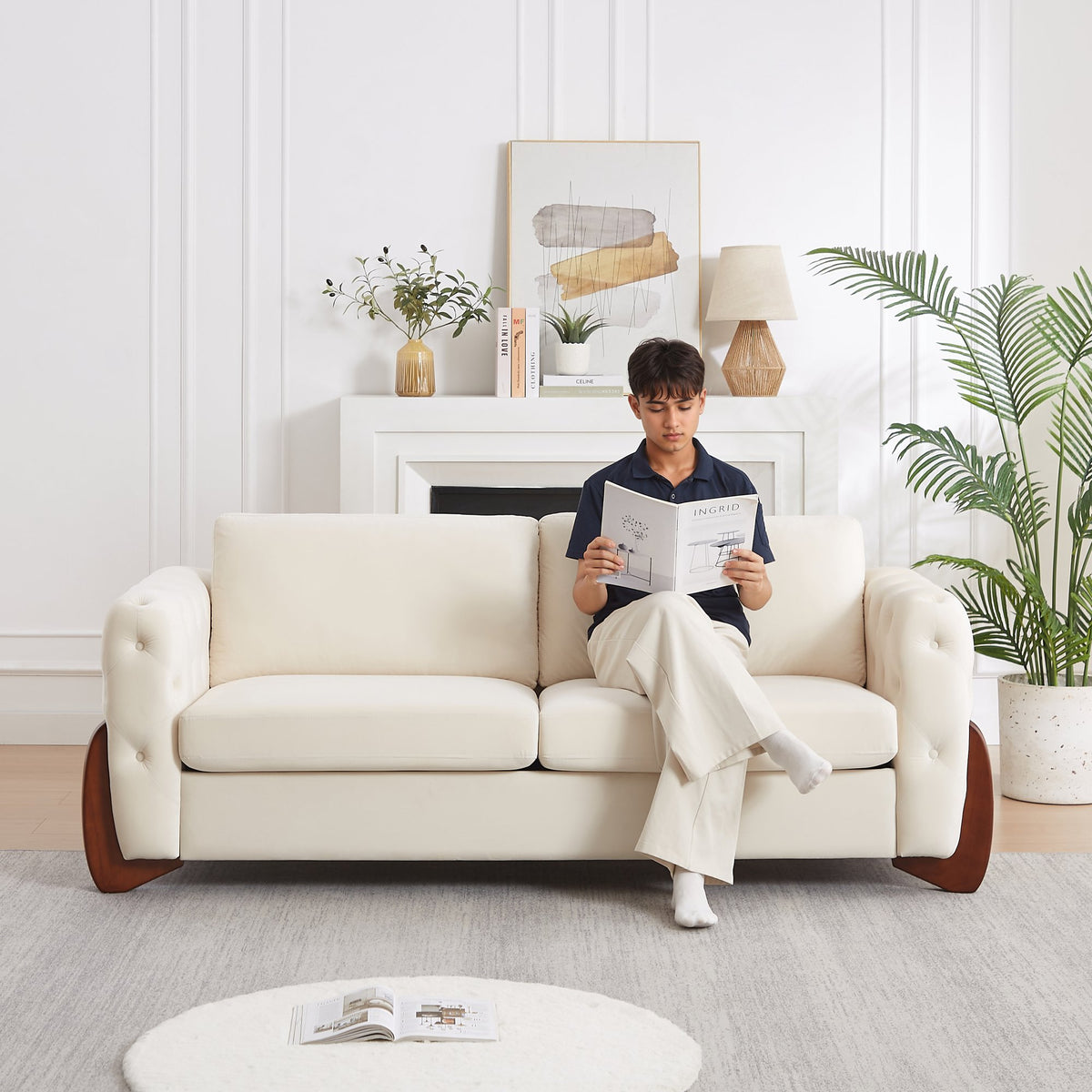 84-inch Classic Velvet Sofa With Button-tufted Detailing Features Curved Wooden Legs, Stylish Curved Armrests, Two Back Cushions, and Two Seat Cushions for the living room.