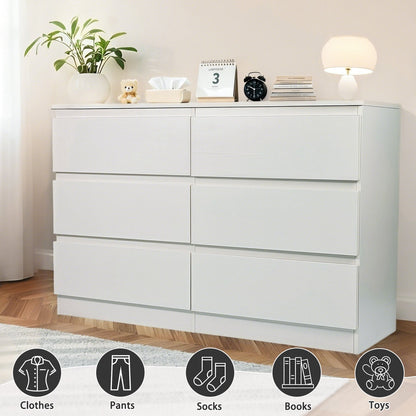 6 Drawer White Dresser, Modern Dresser for Bedroom with Spacious Countertop, Wood Storage Cabinet with Concealed Handles & 6 Deep Drawers for Bedroom, Living Room, Entryway, 15.7" D x 47.2" W x 30.9"