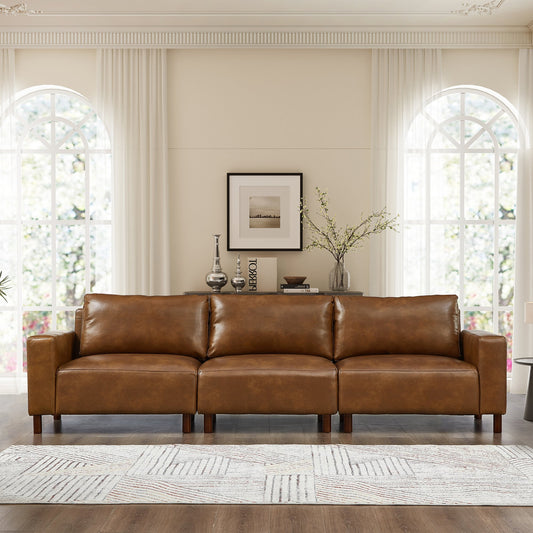 112" Luxury PU Leather Sofa for Living Room,Apartment,Upholstered Breathable Faux Leather PU Couch with Wood Legs, Brown (This SKU=W1097S00257)