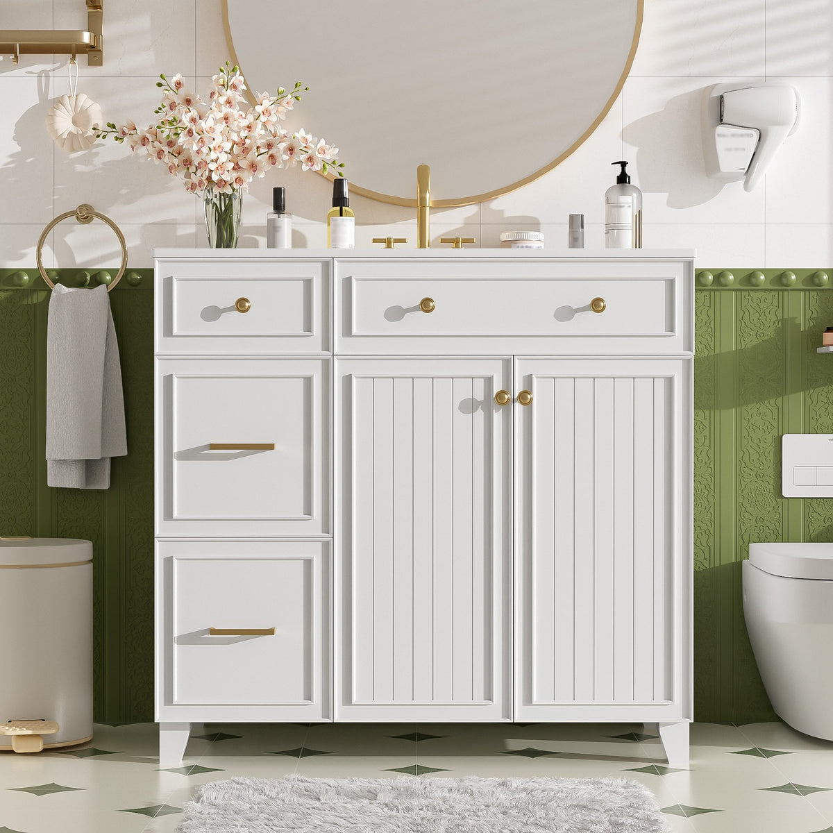 36" Modern Bathroom Vanity with Ceramic Sink, Soft Close Doors, Adjustable Shelves, Solid Wood Frame+MDF