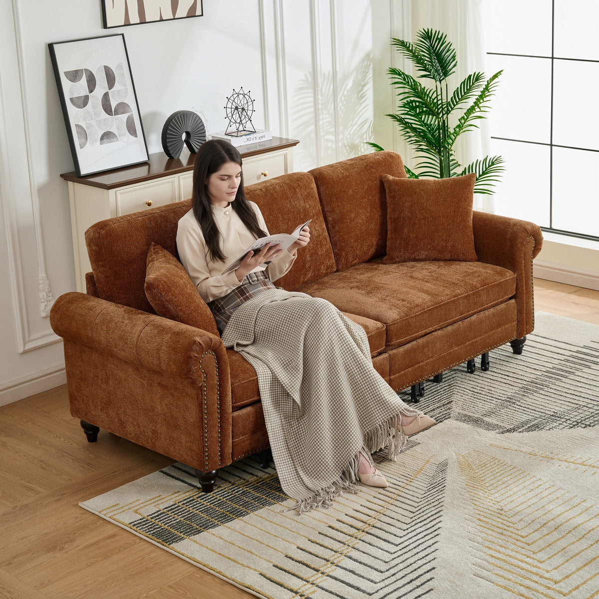 86" King Pull Out Sofa Bed, 3 in 1 Convertible Sleeper Sofa,Modern 3 Seat Couch with Nailhead Trim & Rolled Arm for Living Room, Apartment, Office, Caramel Chenille