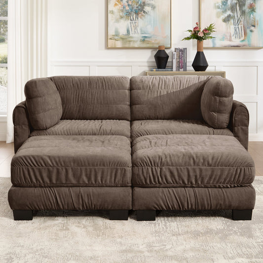 2 Seat Ruched Detailing Chenille Modular Sectional Sofa,Movable 2 Ottomans,High-Density Foam,L Shape Thickened  Back Cushions,Easy Assembly,For Living Room,Bedroom,Brown
