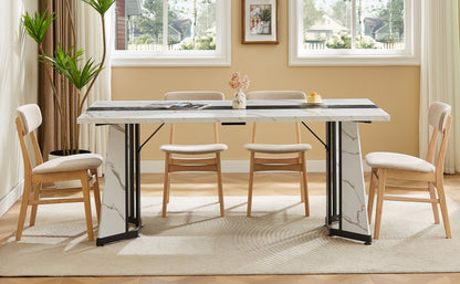 70.9"Rectangular Large Dining Table, Marble Grain Waterproof Large Desk for 8 People, Deluxe Family Dining Table with Adjustable Legs for Kitchen,Living Room,Office, White,70.9''W x 35.4''D x 30.3''H