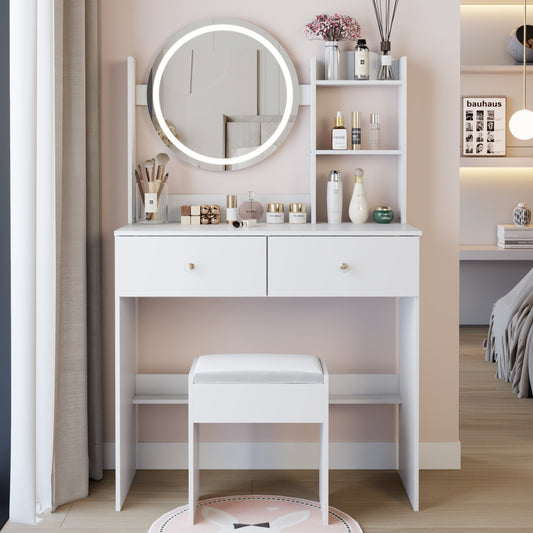 17" Round LED Mirror Vanity Table + Soft Cushion Stool Suit, Large Mirror, Touch Switch, 3 colors, Adjustable Brightness, Large Desktop