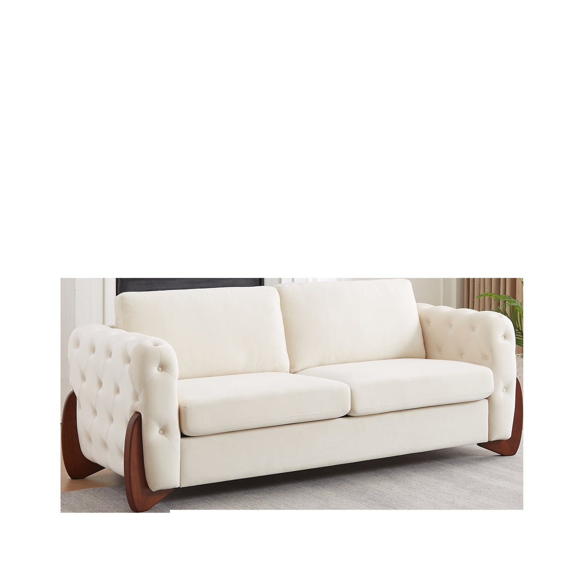 84-inch Classic Velvet Sofa With Button-tufted Detailing Features Curved Wooden Legs, Stylish Curved Armrests, Two Back Cushions, and Two Seat Cushions for the living room.