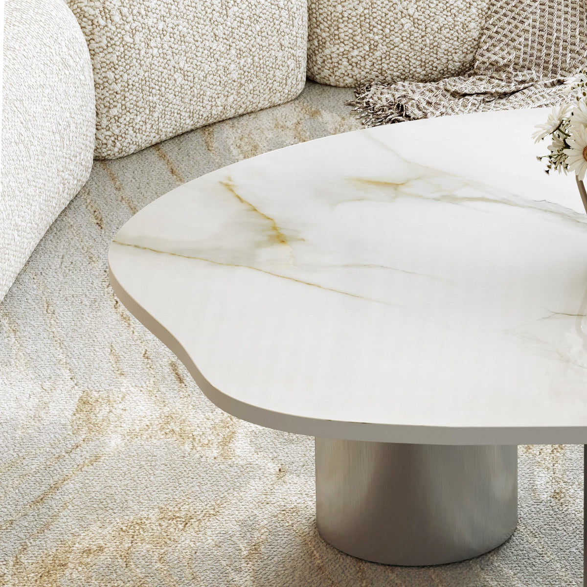 49.2" Free Form Faux Marble Coffee Table, Modern Minimalist Living Room Center Table with Stainless Steel Sphere & Cylinder Legs