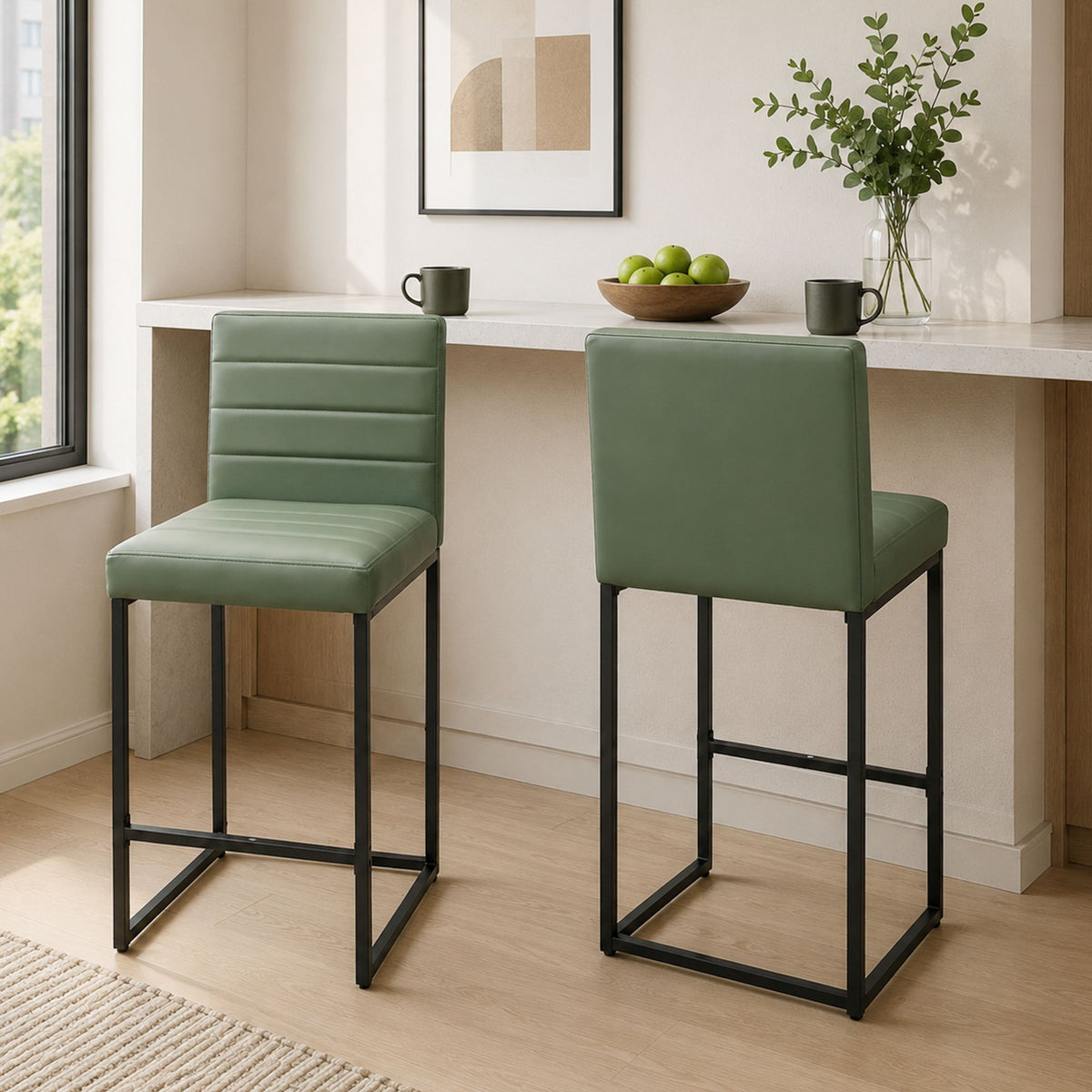 25.6 Inch Counter Height Bar Stools Set of 2 with PU Cushion and Back Modern Bar Chairs for Kitchen Island Counter with Metal Leg for Restaurant Dining Room Office, Green and Black.W2920P462102