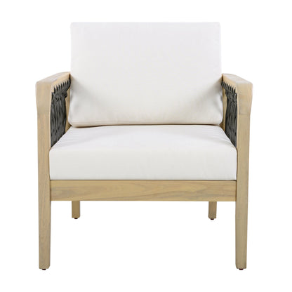 4-Piece Acacia Wood Outdoor Patio Furniture Set, All-Weather Conversation Sofa Set with Rope Woven Armrests, Removable Cushions for Backyard Garden,Light teak+Dark grey rope+Cream cushion
