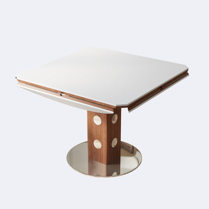47.2' Extendable Multifunctional Round Dining Table for 4-6, Folding Kitchen Table with Drop Leaf, White Sintered Stone Top & Walnut Wood Column, Space-Saving for Small Apartments, Easy Assembly