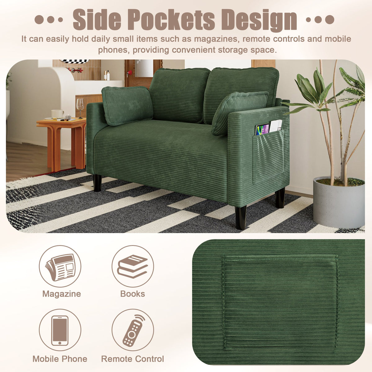 48" Soft Corduroy Loveseat Couch W/Soft Cushions,Side Storage Pocket,Sturdy Composite Board & Solid Wood Frame, High Rebound Sponge,Easy Assembly,Ideal for Living Room,Apartment,Dorm,Office.