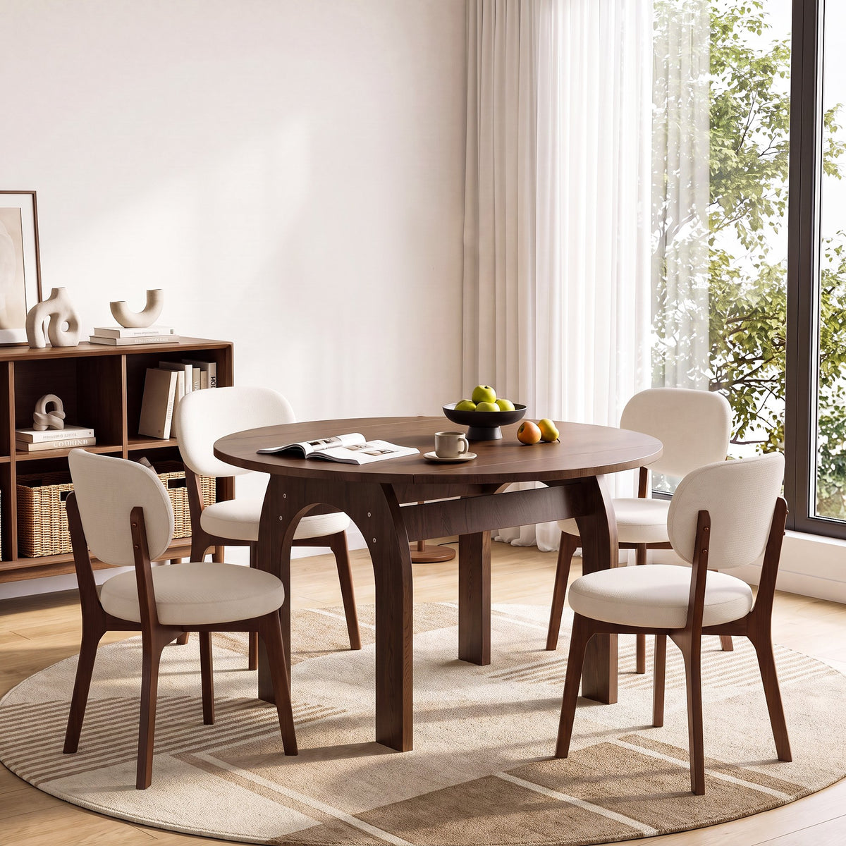 51.2" Solid Wood Extendable Dining Table, Converts Oval to Round with Walnut Finish, Sturdy Arch-Shaped Legs & Drop Leaf Design, Farmhouse Kitchen Table for Small Spaces, Easy Assembly