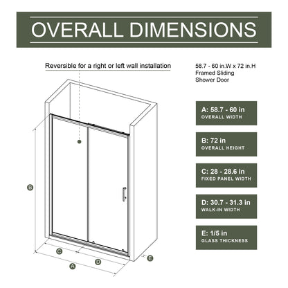 60.in W x 72.in H Single Sliding Shower Door, 1/5 inch Thick Clear Tempered Glass Shower Door with Stainless Steel Handle, Black